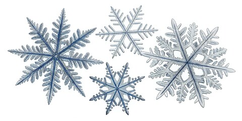 Four Intricate Snowflakes on White Background winter