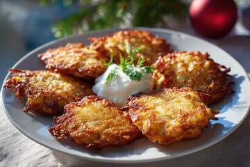 Fototapeta premium plate with crispy golden latkes topped with sour cream in natural daylight evoking hanukkah tradition comfort food and festive spirit through texture warmth and inviting family style presentation