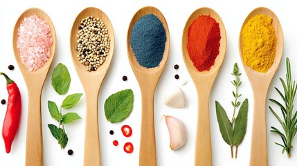 Colorful assortment of spices and herbs displayed on wooden spoons, featuring vibrant powders and fresh ingredients, creating an inviting culinary atmosphere for cooking enthusiasts and food lovers