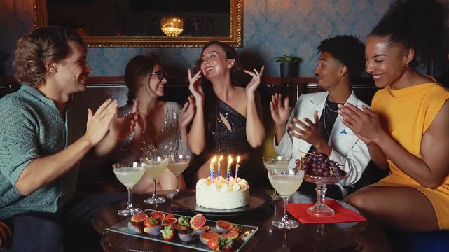 Joyful multi-ethnic group of friends celebrating a birthday party in a fancy bar, clapping and cheering while a happy young woman makes a wish and blows out the candles on her cake