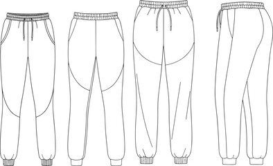 Cad drawing flat vector illustration, technical fashion sketch, jogger pants multi-view, elastic waistband cuffs, curved seam garment design