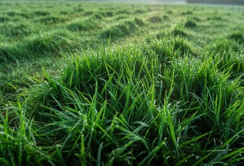 Obraz premium Green grass background with dew drops covering field on early morning fresh plants with water droplets during springtime season in natural environment at springtime