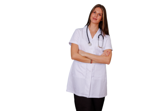 Female doctor standing with arms crossed, wearing white lab coat and stethoscope, looking confident at camera, transparent background