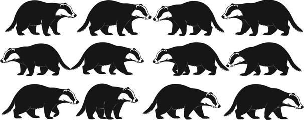 European Badger Animal Vector Silhouette Collection Set Illustrating Various Poses and the Distinctive Black and White Striped Face for Wildlife, Nature, and Forest Design Concepts