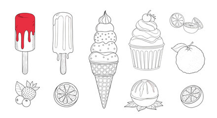 Hand-drawn outline vector set of summer desserts and fresh fruits, featuring ice cream, popsicles, cupcakes, citrus, and berries.