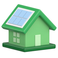 Solar energy house icon with rooftop photovoltaic panels. 3D illustration.