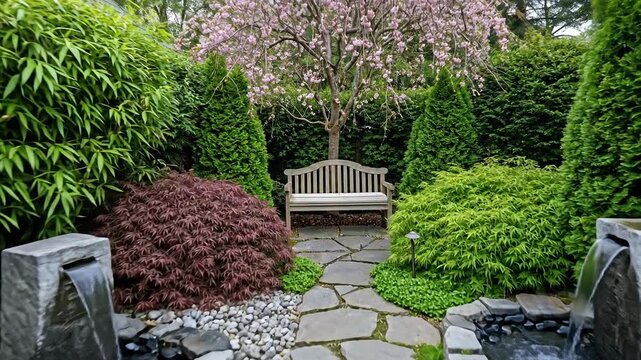Tranquil Garden Landscape with Stone Path Benches and Water Features Lush Greenery Overgrown Bushes and Blooming Tree