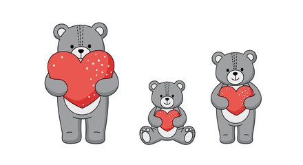 An illustration of three adorable gray teddy bears of various sizes, each holding a red heart with white polka dots, symbolizing love and affection.