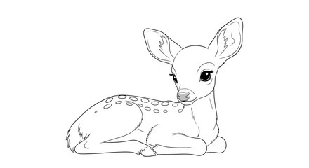 Adorable black and white line art illustration of a cute baby deer fawn lying down, featuring big eyes and distinctive spots.
