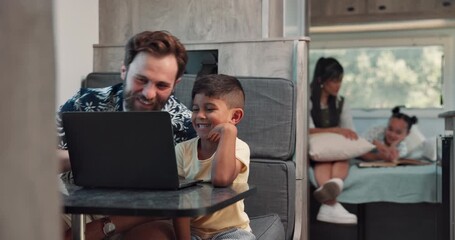 Road trip, dad and child with laptop, van and watching movie with app subscription or entertainment. Travel, man and bonding with boy, online and family in vehicle for vacation, journey and adventure - Powered by Adobe
