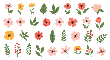 A vibrant collection of hand-drawn flat vector floral elements and leaves, perfect for spring and summer design projects, isolated on white.