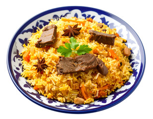 A vibrant plate of flavorful rice pilaf garnished with herbs, spices, and tender pieces of meat served on a decorative dish