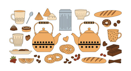 A delightful collection of breakfast and tea time elements featuring teapots, mugs, baked goods, and sweet treats.