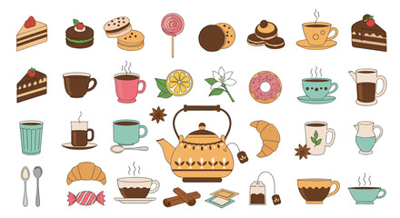 A charming collection of hand-drawn vector illustrations featuring coffee cups, teapots, sweet pastries, and desserts for cafe themes.