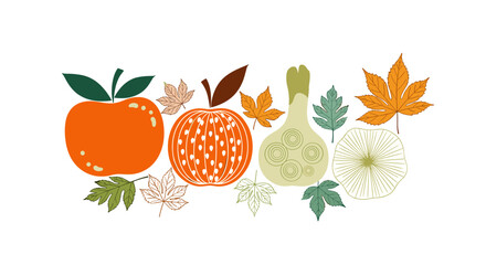 A vibrant illustration of stylized autumn fruits, gourds, and diverse fall leaves arranged creatively on a clean white background.