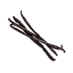 Several dried vanilla beans on a white background.