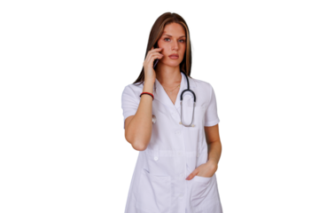 Healthcare professional talking on a smartphone, offering medical consultation and support. Transparent background for versatile use
