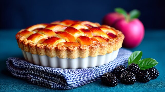 Freshly baked apple pie with a golden crust, placed on a blue checkered cloth, surrounded by blackberries and red apples, showcasing delicious homemade dessert presentation