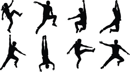 Highly Dynamic Jumping and Falling Silhouette Vector Collection Set Illustrating Extreme Poses, Including Freefall, Handstands, and Mid-Air Kicks for Energy, Action, and Danger Concepts