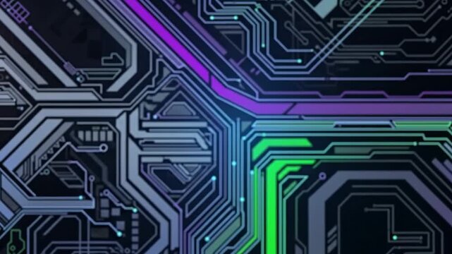 Intricate Network of Circuit Board Traces with Neon Purple and Green Lights Glowing on a Dark Futuristic Background