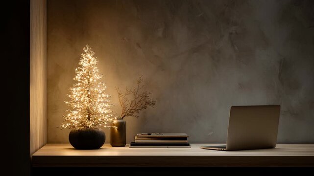 A laptop is on a desk next to a Christmas tree. The tree is lit up. Tiny desktop christmas tree, compact decorative tree on a minimalist workstation, warm reflections, understated festive styling