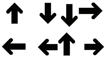 Simple black and white arrow set pointing in various directions for navigation and wayfinding on a clean minimalist background design