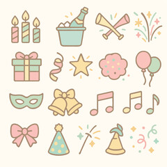 Pastel Holiday Celebration Decorative Doodle Vector Elements for Festive Designs