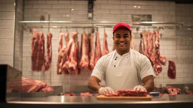 Smiling Butcher at Work: A skilled butcher, donning a red cap and white apron, stands in his butcher shop, carefully preparing cuts of meat. He exudes confidence and experience. 