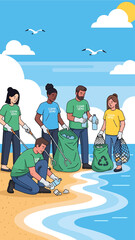 Fototapeta premium Diverse group of volunteers cleaning a sandy beach, collecting plastic waste and trash to protect the marine environment.