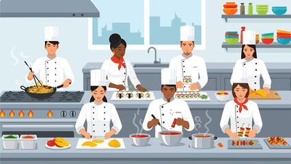 A diverse team of chefs working together in a busy professional kitchen, preparing various dishes and culinary creations.