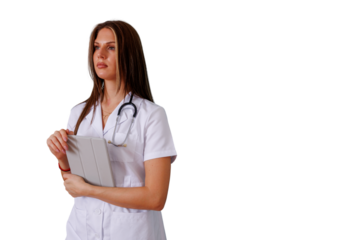 Female doctor or nurse holding digital tablet, medical professional with stethoscope, health care innovation
