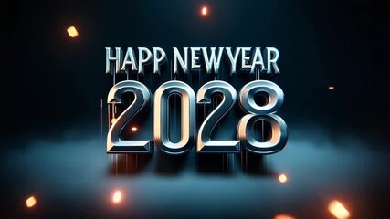 Celebrate the arrival of 2028 with a burst of festive energy and shimmering metallic typography as clouds swirl around the date, promising a dynamic and exciting new year celebration