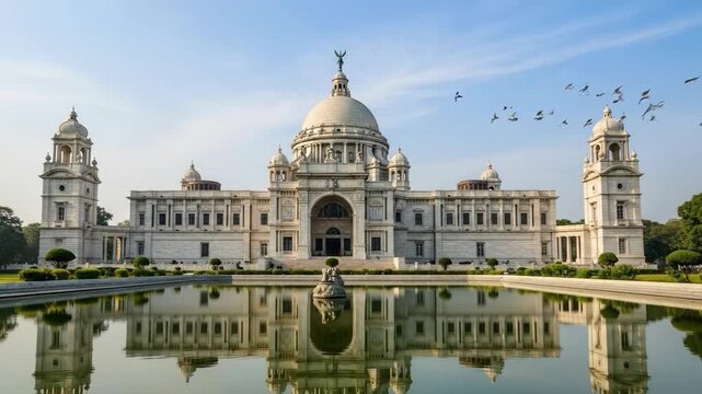 Majestic victoria memorial with flock of birds in serene garden reflecting symphony
