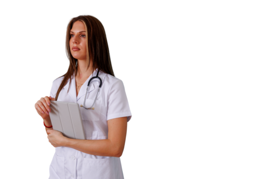 Female doctor or nurse holding digital tablet, medical professional with stethoscope, health care innovation