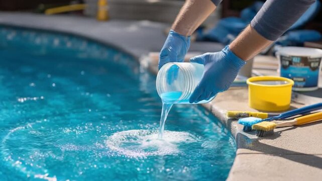 Pool Maintenance and Water Treatment: A close-up shot of a person pouring cleaning chemical into the pristine water of a pool.