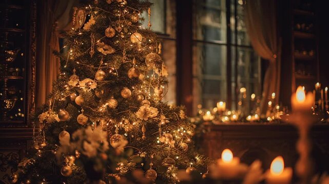 Candlelit christmas tree style, elegant christmas tree illuminated by soft candlelight, warm golden glow, vintage holiday atmosphere, gentle shadows, refined decorative details
