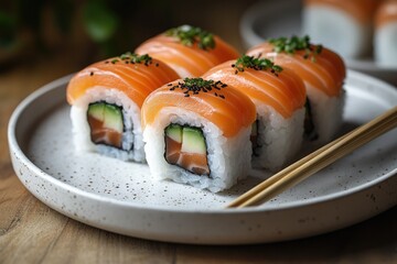 Traditional Japanese sushi rolls close-up on white dish