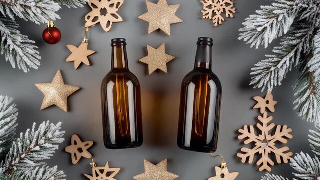Holiday cheer with craft beer bottles and festive decorations, perfect for winter celebrations and seasonal promotions, sparkling gold accents - Powered by Adobe