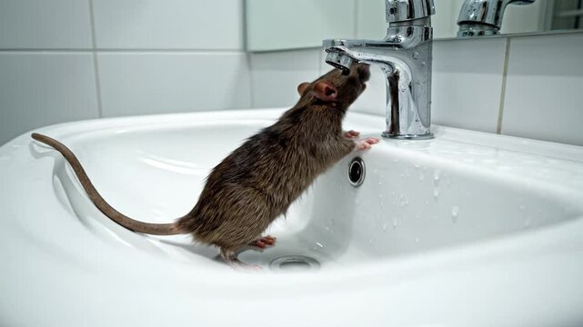 Brown rat stands in a white ceramic sink reaching for the chrome faucet. Concept of pest control, hygiene problems, and rodent infestation in domestic homes.