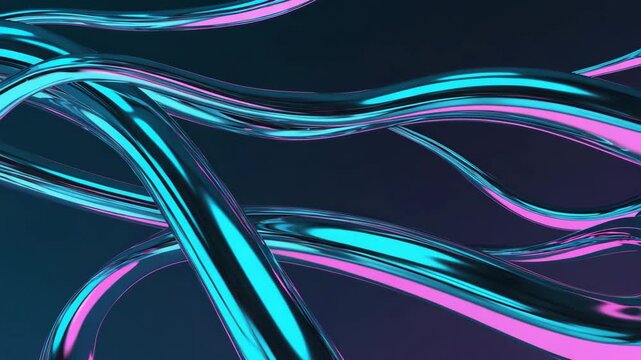 Dynamic flowing chrome waves shimmer with vibrant cyan and magenta light gradients, perfect for a modern abstract background or futuristic design project with a sleek, eye-catching effect