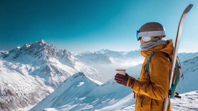 Mountain Top Contemplation: A skier takes a moment to pause, savoring a warm beverage and the majestic mountain view, embodying the blend of adventure and serene solitude.