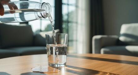 Hand pouring water from a bottle into a glass on a wooden table. Sunlight streams in through a window