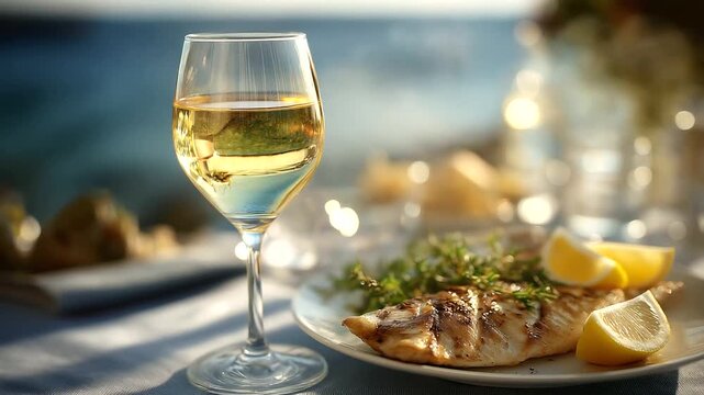 Crystal goblet of chilled white wine next to grilled fish plate on seaside table, vacation dining mood, breeze and sun, with copy space