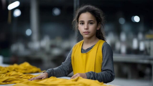4K  hyper-detailed cinematic documentary-style photograph of a young child working inside a sewing or garment factory. The child sits in front of a large industrial sewing machine