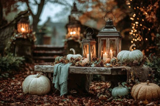 The cozy atmosphere of autumn is captured on a rustic table with decorative pumpkins and a glowing candle