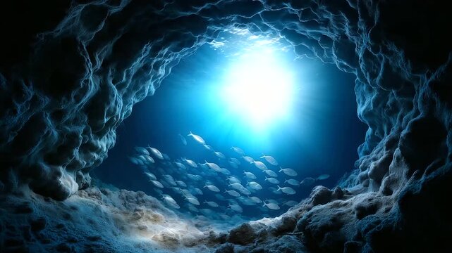 Underwater cave entrance with fish silhouettes against bright exit, contrasty blue glow, adventurous dive scene, with copy space