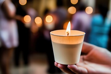 Person holding a lighted candle in a paper cup during an outdoor evening vigil, symbolizing hope, remembrance, and community