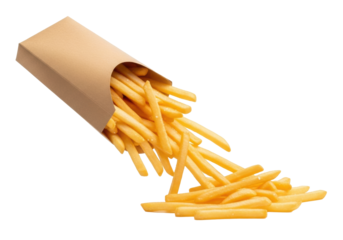 Golden-brown crispy french fries spill elegantly from an open kraft paper carton, forming an abundant pile on a transparent background with copy space, a tantalizing fast food indulgence
