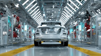 Naklejka premium Car assembly line robotic arms industrial production