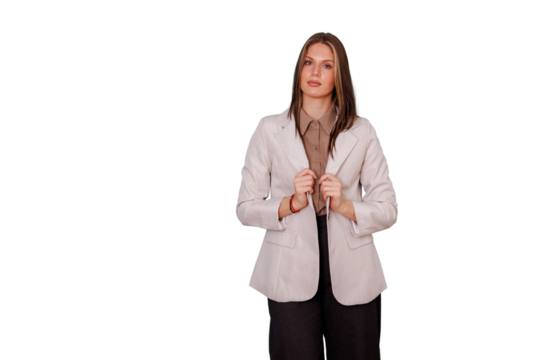 Young businesswoman posing confidently, standing with neutral expression, wearing business attire, transparent background